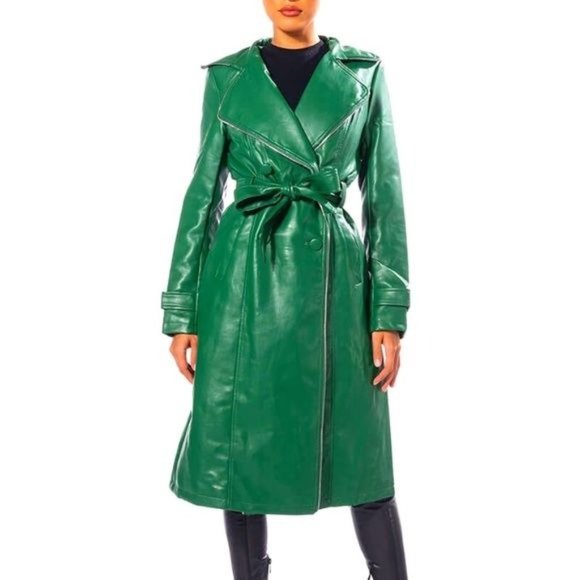 Miz Money Green: Unzipped Belted Vegan Leather Trench Jacket XL - Picture 9 of 9